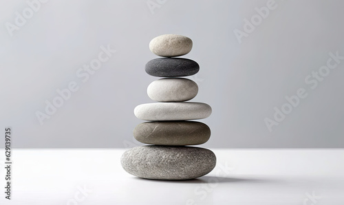 Stones of balance. Pebbles pyramid on white background. For banner, postcard, book illustration. Created with generative AI tools