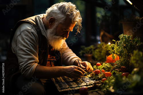 Elderly man with grey hair wearing a vest bent over his work. Plants and vegetables around. Generative AI.
