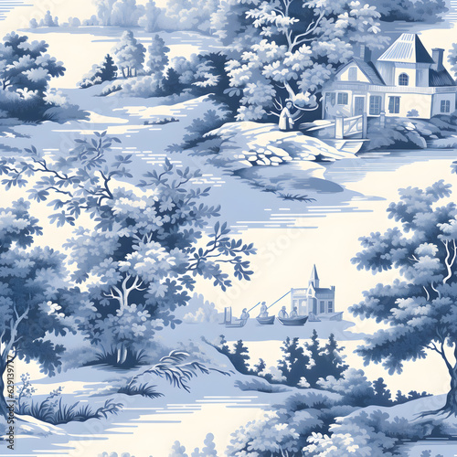  Toile de jouy pattern with countryside views with castles and houses and landscapes with trees, river and bridges with road in blue color Generative AI