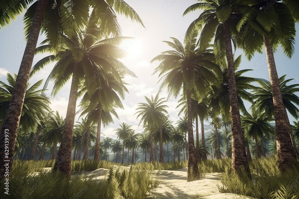 Beautiful coconut palm trees sunlight, Golden hour, travel summer holiday concept. Ai Generative