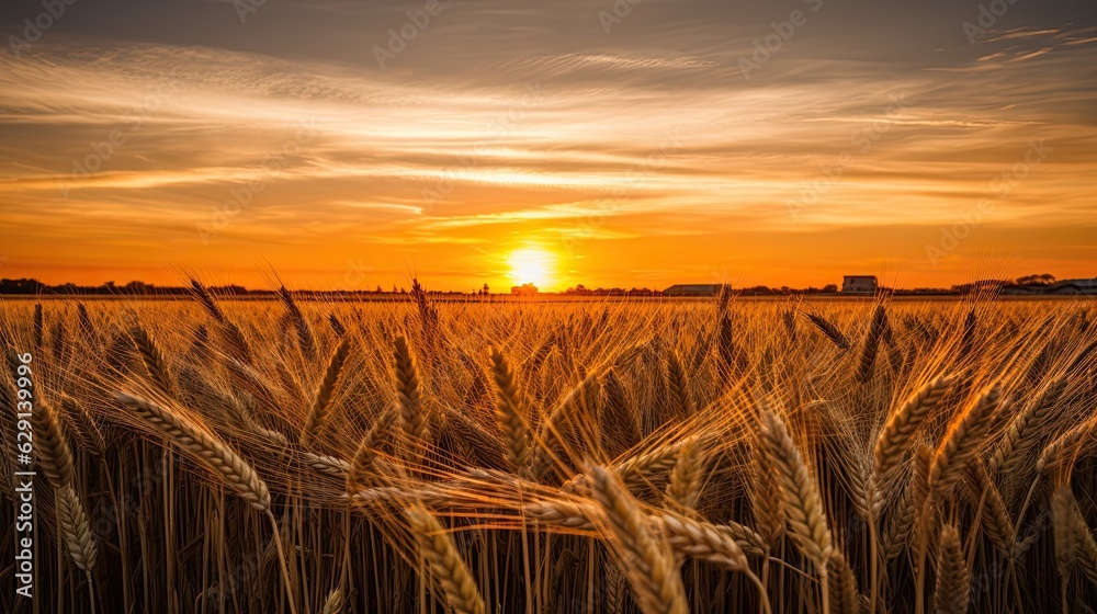 Close up wheat field at golden hour, bathed in warm sunlight, whole grain field. Generative AI