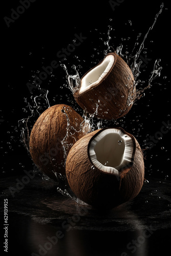 Levitation of coconuts with splash on black background, splash of coconut water, flying food, Ai generative.