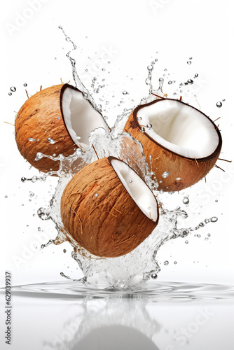 Levitation of coconuts with splash on white background, splash of coconut water, flying food, Ai generative.