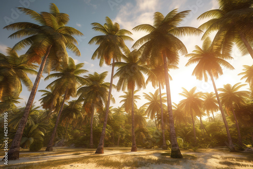 Beautiful coconut palm trees sunlight, Golden hour, travel summer holiday concept. Ai Generative