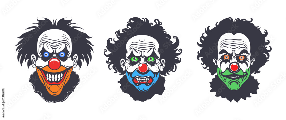 Vector set of scary horrible graphic portraits of clowns with different emotions. Shaggy menacing heads. Stickers or icons. White isolated background.