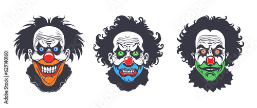 Vector set of scary horrible graphic portraits of clowns with different emotions. Shaggy menacing heads. Stickers or icons. White isolated background.