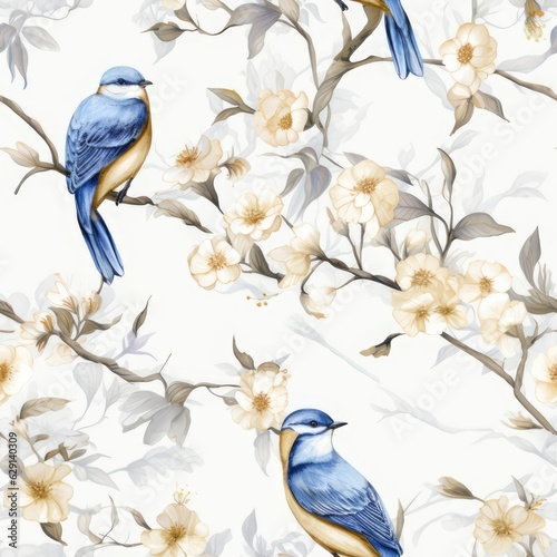 A seamless pattern with birds and flowers
