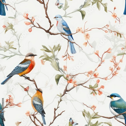 Photo beautiful watercolor seamless pattern with birds on branch