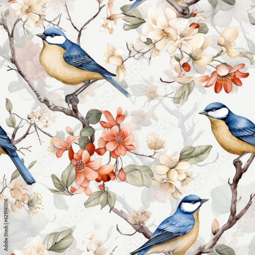 Fototapeta Naklejka Na Ścianę i Meble -  A seamless pattern with birds and flowers