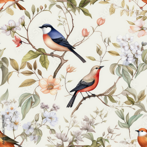 A seamless pattern with birds and flowers
