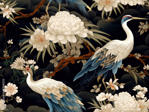 Photo seamless pattern with cranes and flowers. 