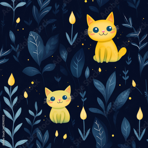A seamless pattern with cats, light yellow and dark blue wallpaper