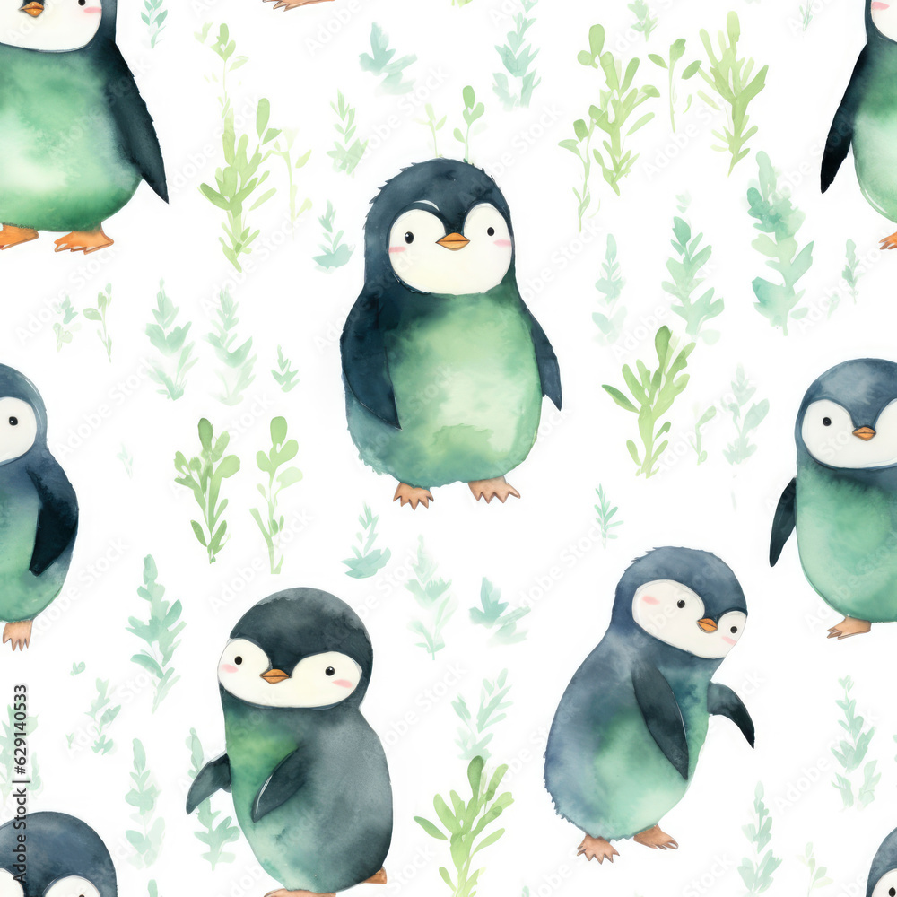 Fototapeta premium A seamless pattern with penguins watercolor