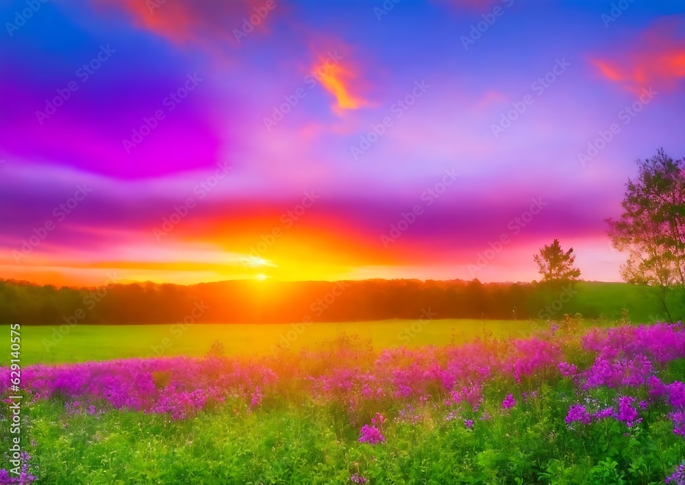 Sunset with colorful nature, generative ai