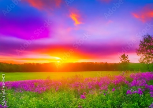 Sunset with colorful nature, generative ai