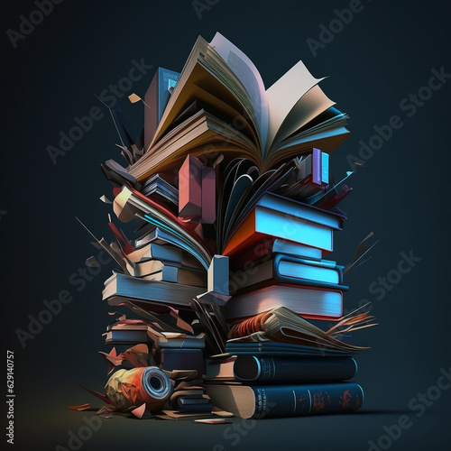 large stacks of books. Realistic 3d high-quality rendering on dark background photo