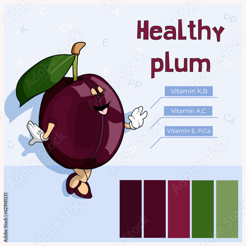 Fruits. Plum is tasty and healthy. Burgundy color with arms and legs. Groovy style. Vitamins of the K, B, A, C, E, PP, Ca group. Proper nutrition. Baby food.
