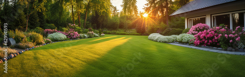 Fotografering Beautiful manicured lawn and flowerbed with deciduous shrubs on private plot and track to house against backlit bright warm sunset evening light background