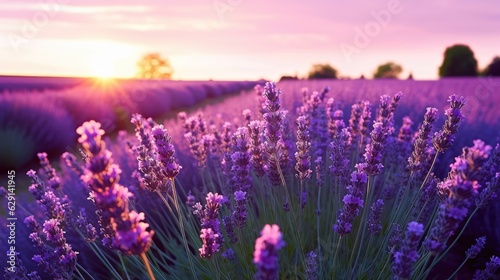 Beautiful lavender field scenery bathed in sunshine