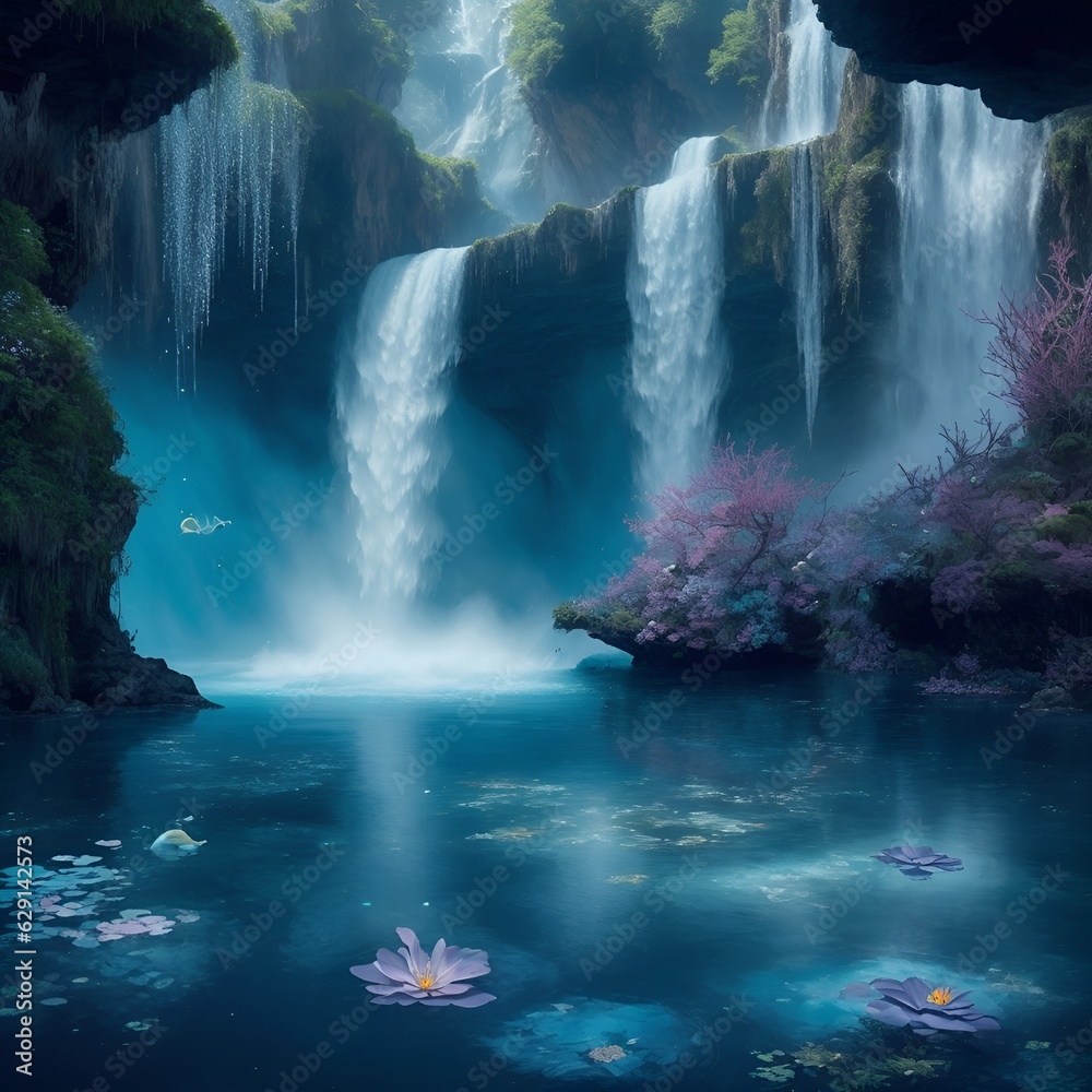 Whimsical Waterfall: Frozen in Time in an Otherworldly Landscape, waterfall in the forest