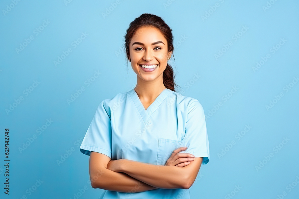 Healthcare professionals. Smiling female doctor in uniform isolated on blue pastel background Healthcare professionals. Smiling female doctor in uniform isolated on blue pastel background