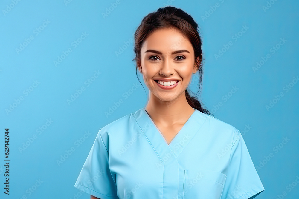 Healthcare professionals. Smiling female doctor in uniform isolated on blue pastel background Healthcare professionals. Smiling female doctor in uniform isolated on blue pastel background