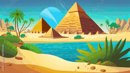 Cartoon desert with ancient Egyptian pyramids and Nile river. Vector illustration of sandy landscape with stones and green plants near blue water, sun shining brightly in sky over pharaoh tombs