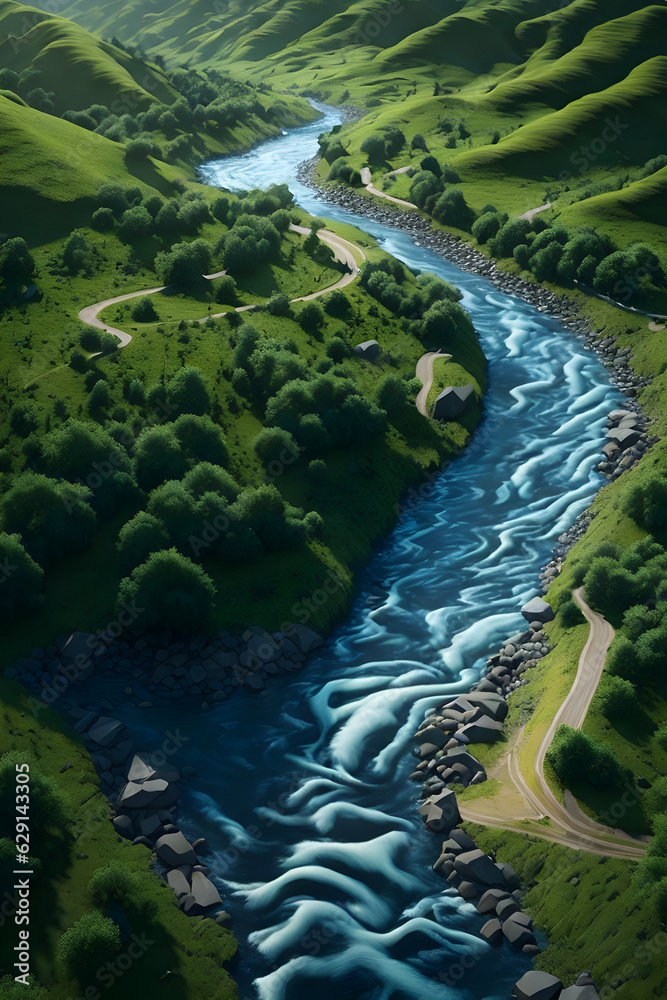 crystal river flows through green valleys, nature background concept, generative AI
