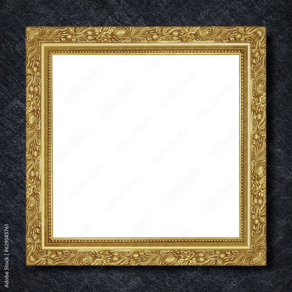 Fototapeta premium gold frame on Dark grey black slate background or texture.
