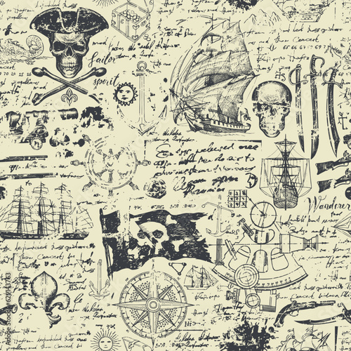 Vector abstract seamless pattern with Jolly Roger skulls, crossbones, pirate flag, swords, guns, caravels and other nautical symbols. Vintage hand-drawn background with illegible handwritten notes