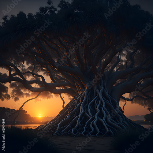 realistic view of a tree sunset, dark cinematic view, nature background concept, generative AI  © james