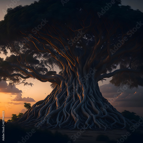 realistic view of a tree sunset, dark cinematic view, nature background concept, generative AI 