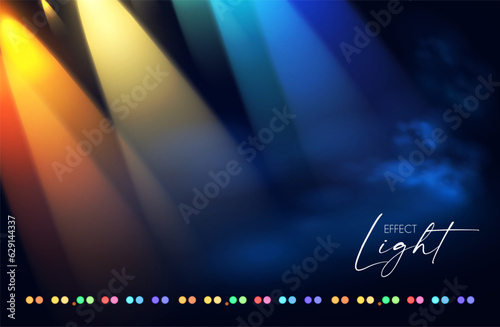 Show light. Colorful spotlights with fay. Transparent light effect.