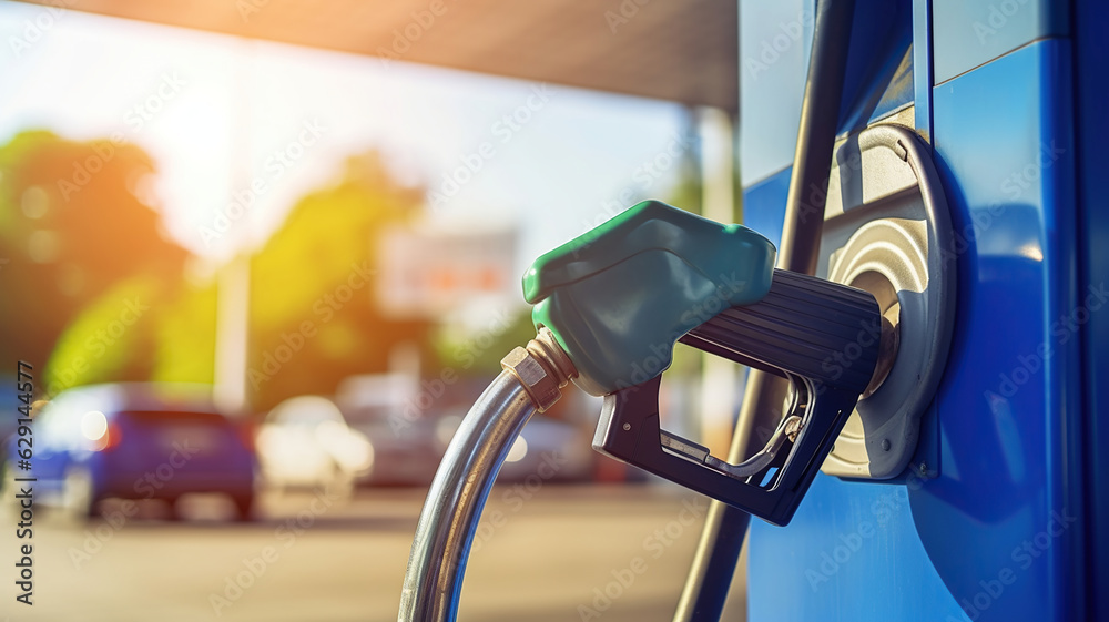 Obraz premium Oil pumps and nozzles are present at the gas station on the street during daylight
