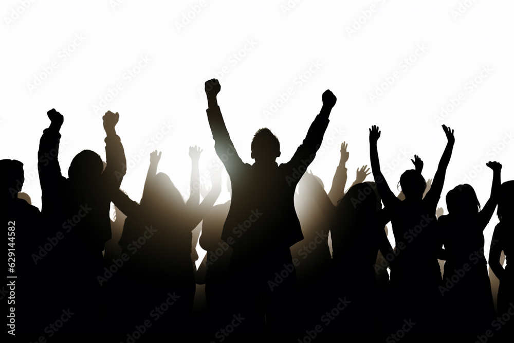 Cheering crowd at concert or sport event, isolated on white with copy space