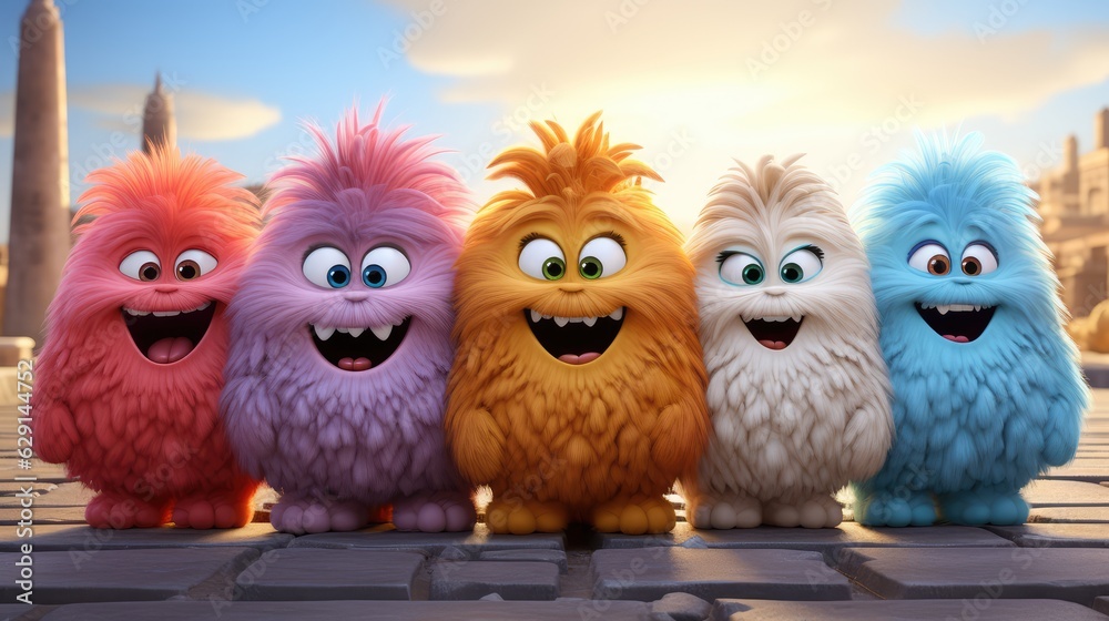 group of cute monster in a raw in the sunset. created by generative AI technology.
