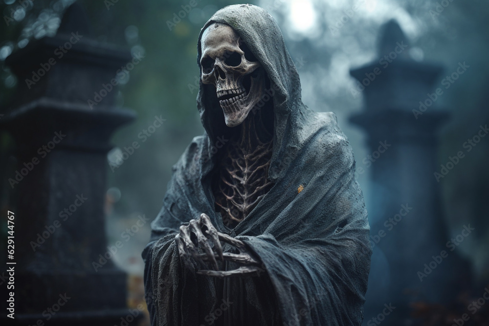 Skeleton moving through a misty graveyard in the evening. Spooky concept.Digital art Skeleton moving through a misty graveyard in the evening. Spooky concept.Digital art