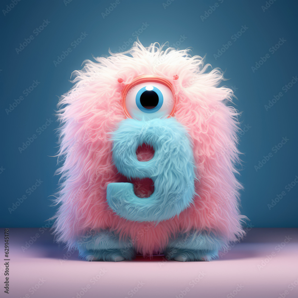 crazy mad funny cute tiny Monster In the form of the number 9, generative AI illustration