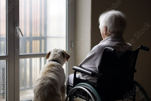 Lonely elderly senior person in wheelchair in nursing home, sitting by the window with his dog. © erika8213