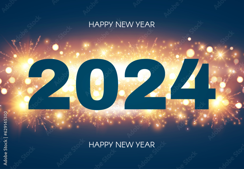 Happy New 2024 Year poster template with bokeh and fireworks light effects.