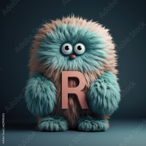 crazy mad funny cute tiny Monster In the form of the letter R  generative AI illustration