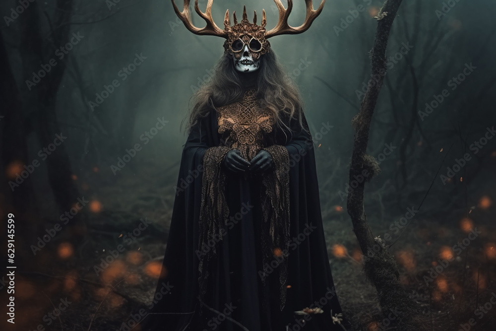 Obraz premium Woman with death mask and huge antlers, demon crown in foggy forest. Halloween concept.