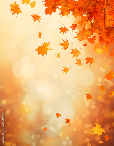 Flying fall maple leaves on defocused fall background. Falling leaves  seasonal banner with fall foliage. Generative AI