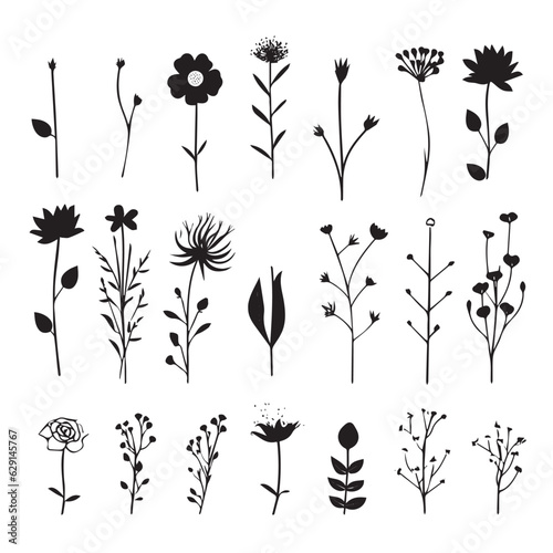 Floral branch and minimalist leaves for logo or tattoo. Hand drawn line wedding herb, elegant wildflowers.