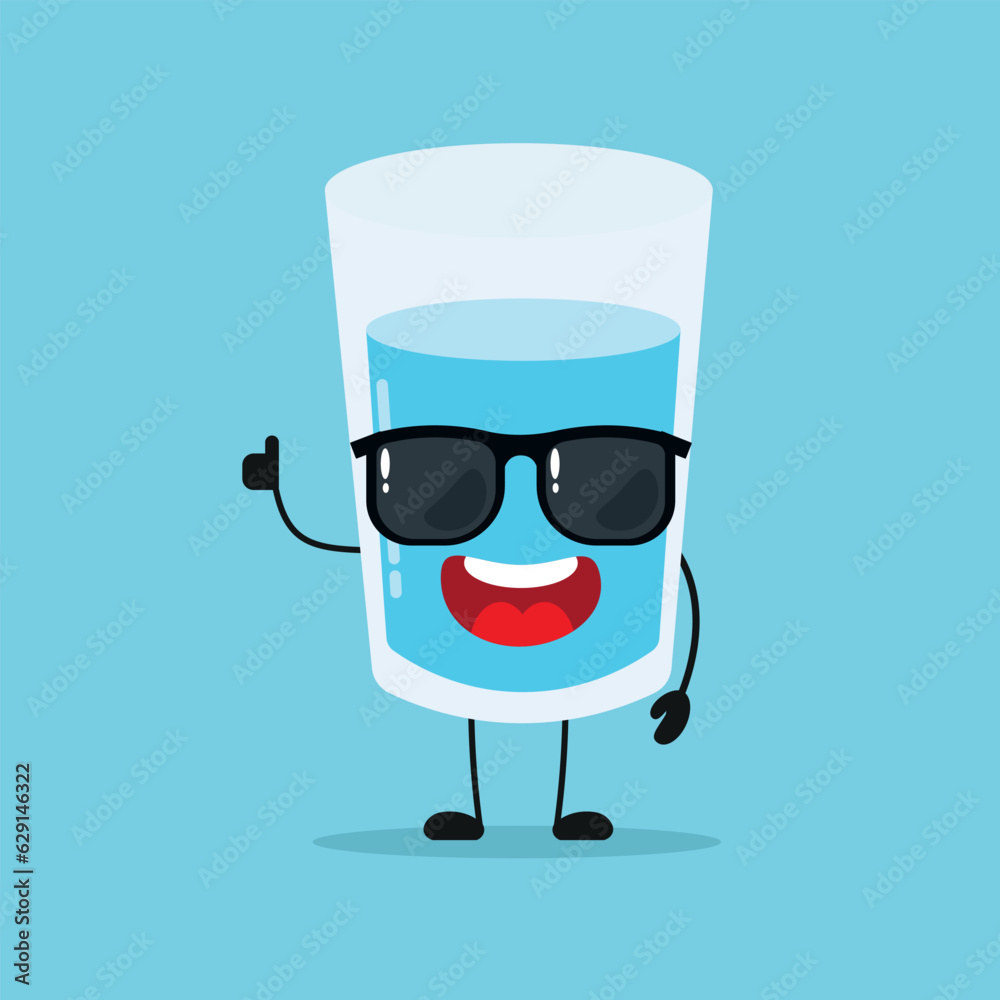 Cute happy water glass character wear sunglasses. Funny glass greet friend cartoon emoticon in flat style. water emoji vector illustration