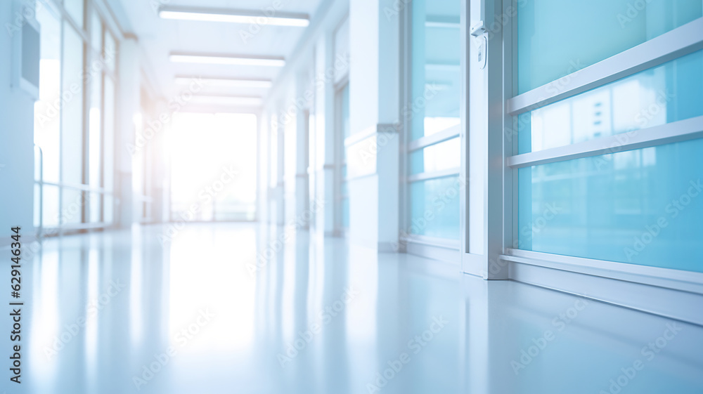 Blue abstract blurred background of a hospital corridor concept