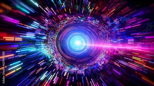 Streaming circle abstract background matrix with a burst of vibrant neon colors, dynamic lighting effects, movement, and energy. Perspective. Futuristic and glitchy style, a touch of digital artistry