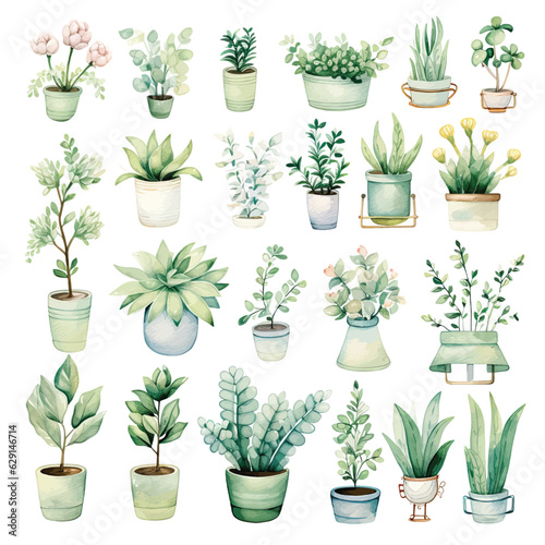 Set of plants in pots. Watercolor illustration of green plants on a white background.