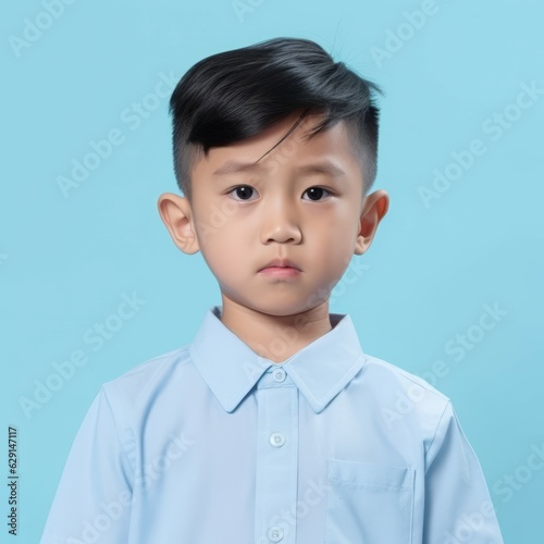 Portrait of a little Asian boy with short black hair. Closeup face of a serious Chinese child on a blue background looking at the camera. Front view of an unsmiling Japanese kid in a blue shirt.