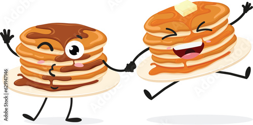 Cartoon happy funny pancakes, set of Cute characters, Isolated on white background